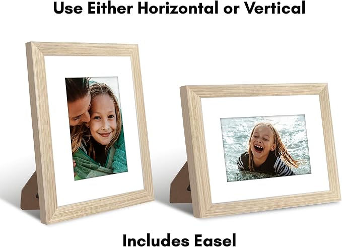 Americanflat 8x10 Picture Frame - Matted to 5x7 - Natural Oak | Engineered Wood construction, Shatter-resistant glass, wall or tabletop display with included easel