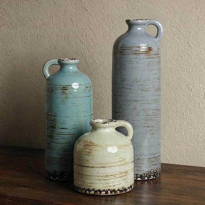 Modern Pottery Vase Set of 3 with Handles, Neutral Jugs for Home Decor | Morandi colors and glazed rustic finish for flowers, table centerpieces, shelves and living rooms