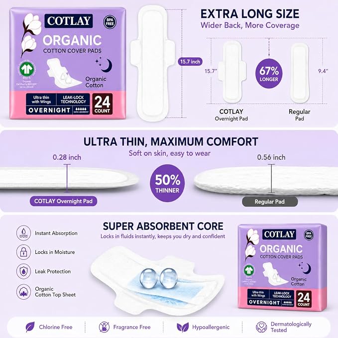 Organic Cotton Overnight Pads 24 Count | Thin, Ultra Absorbent and Long Pads | Overnight Pads for Women | Period Pads for Sensitive Skin 12 x 2 Pack