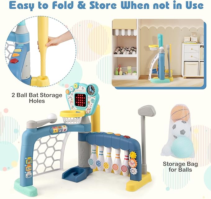Costzon Toddler Basketball Hoop with Adjustable Height, 5 in 1 Basketball Bowling Baseball Soccer Golf Kids Activity Center, Toddler Sports Toy w/Lights & Sounds, Gift for Baby Boys Girls 18+ Months