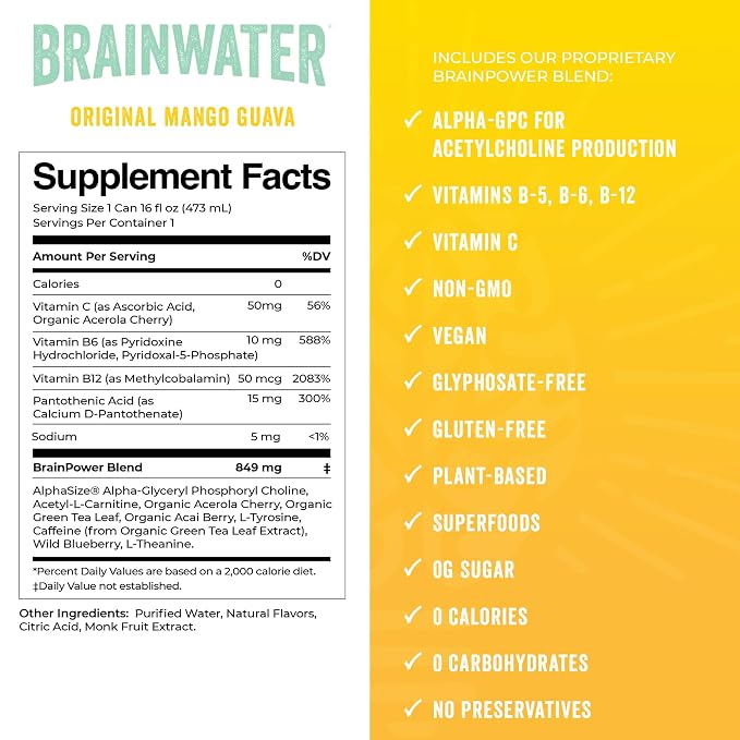 BrainJuice BrainWater Calm, Water for Clean Energy, Focus & Relaxation Support, Gluten Free, Zero Sugar Drinks with Ashwagandha, Alpha GPC, Vitamin C & B, Organic Green Tea, 8 Pack (Mango Guava)