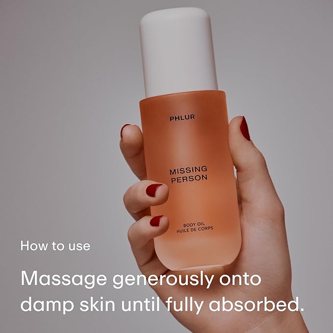 PHLUR Missing Person Body Oil, 4 Fl Oz – Skin Musk Bergamot & Jasmine Scented Body Oil for Women & Men, Hydrating Moisturizing After Shower Oil with Sandalwood & White Musk Fragrance