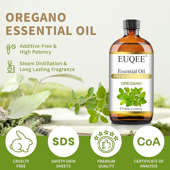 EUQEE Oregano Essential Oil 4oz / 118ML Large Capacity Oregano Oil Pure Aromatherapy Essential Oils with Glass Dropper for Candle Soap Making, Diffusers