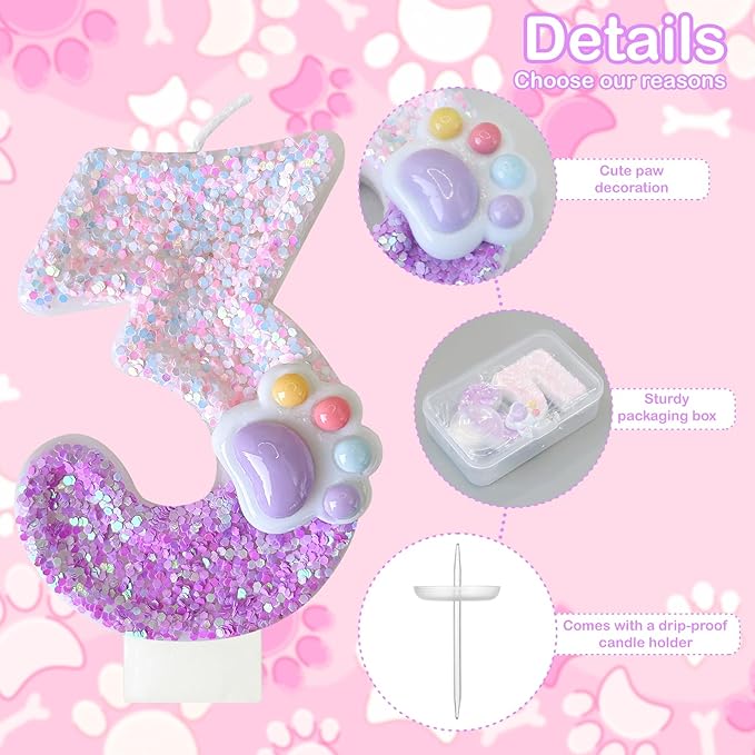 Pink Cat and Dog Paw Birthday Number Candles, Cupcake Decorations, Dog Theme Candles, Suitable for Party Celebrations, Birthday Decoration Supplies (Number 3)