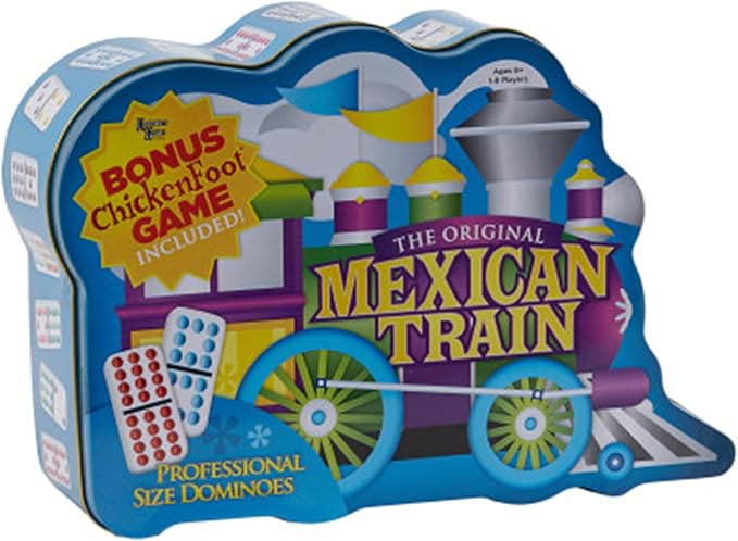 Mexican Train Double 12 Professional Size Dominoes with Bonus Chickenfoot Game Included Travel Tin Board Game, 91 Tiles, Challenging, Fun Game for Ages 6 Years & Up, Blue