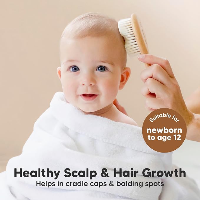 Wooden Baby Hair Brush Set for Newborns, Toddlers - Soft Goat Bristle Baby Brush and Comb Set Newborn Grooming Kit for Cradle Cap Care, Durable & Gentle, Boy, Girl Infant Essentials (Petite, Walnut)