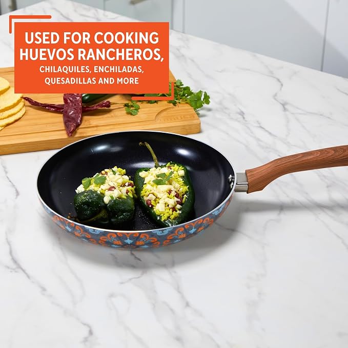 IMUSA 10 Inch Talavera Aluminum Black Ceramic Fry Pan with Woodlook Handle | Ceramic Nonstick, Glass Lid with Helper Handle, Deep Sauté Pan, Ideal for Family Cooking