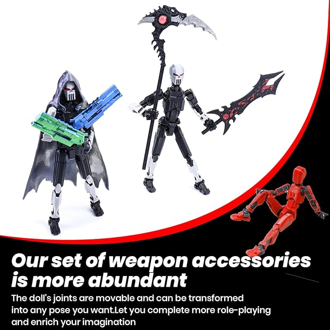 T13 Action Figure Set, 3D Printed Toy T13, Dummy 13 Titan 13,t13 Action Figure Accessories，Death Cape, Skeleton Robot, Cool Robot Stop Motion Animation Figure (Gray-Black)