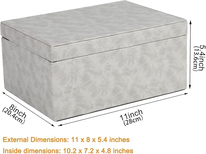 HofferRuffer Faux Leather Decorative Box, Large Wooden Structure Keepsake Box Accessory Organizer Jewelry Organizer with Hinged Lid, Storage Container for Home or Office (Grey)