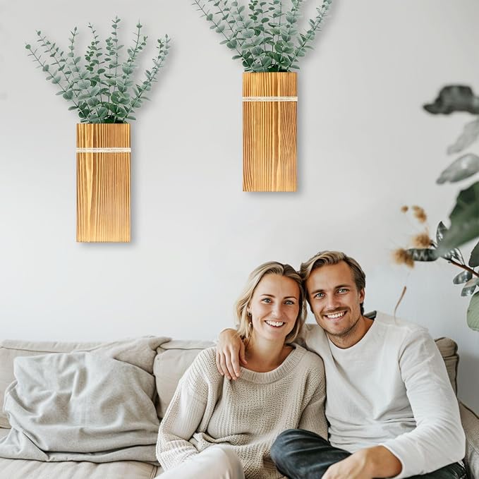 Wall Planters for Indoor Plants-2 Pack Wood Wall Vases for Dried Flowers & Artificial Plants Modern Farmhouse Wooden Vase for Living Room Bedroom Kitchen Decorations - Brown Large