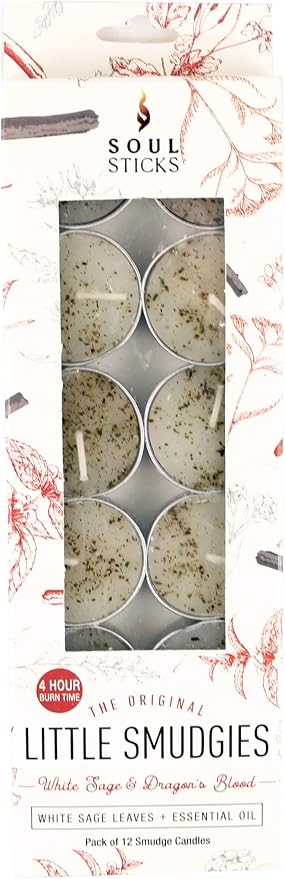 SOUL STICKS 12 Pack Little Smudgies Tealight Candles Smudge Candle for Cleansing House, Meditation, Chakra Healing | Made with Crystals and Herbs (White Sage & Dragon's Blood)