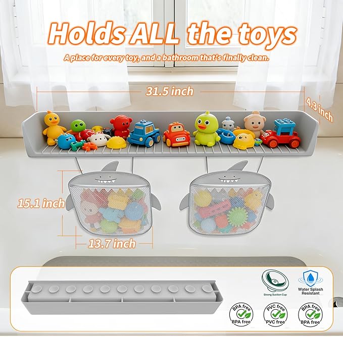 Extra-Long 31.5 Inch Bathtub Splash Guard for Kids,2 Storage Pockets Large Capacity Bath Toy Caddy Holder,Silicone Water Shield Prevent Bathroom Spills