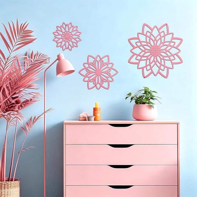 Zzbakress 3 Pcs Metal Flowers Wall Art Bathroom Wall Decor (Pink Concise) | Farmhouse Flower Bathroom Decor Wall Decorations For Bathroom, Living Room, Office, Kitchen, Hallway And Outdoor