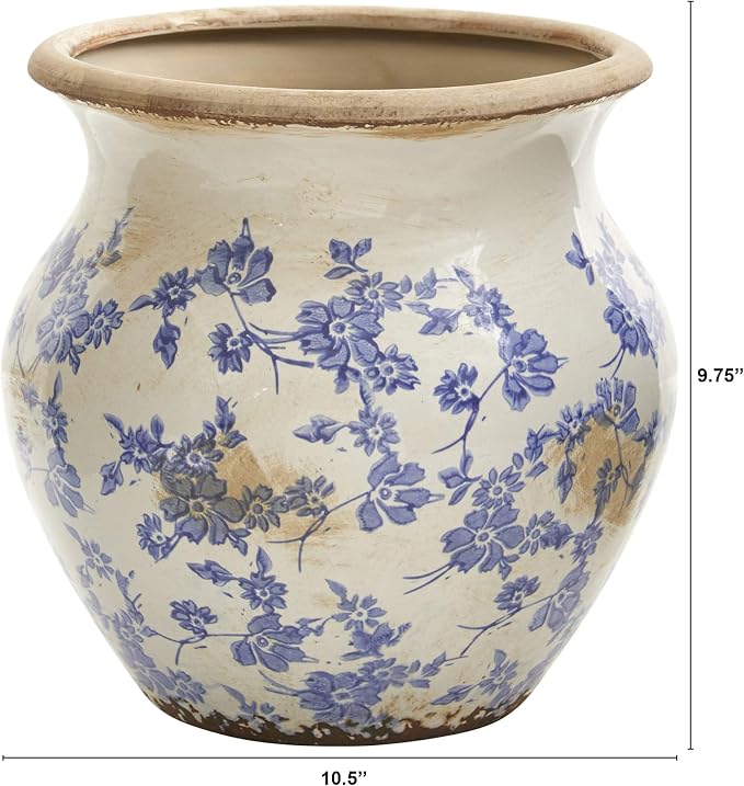 Nearly Natural 10.5in. Tuscan Ceramic Blue Scroll Urn Vase, Green | Vintage Floral-Print Planter, Premium Durable Construction, Elegant Country-Chic Presentation, Ideal for Tabletop Displays