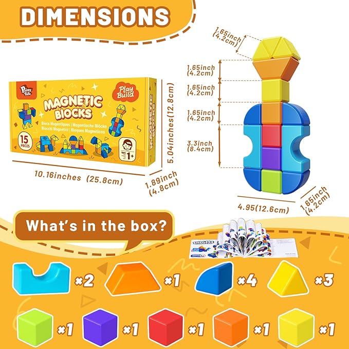 Magnetic Building Blocks, Large Magnetic Stacking Blocks for Toddlers, 1.65 Inch 3D Magnet Cubes & Multiple Shapes, Montessori & Sensory Toys for Kids Ages 1-3 (15PCS)