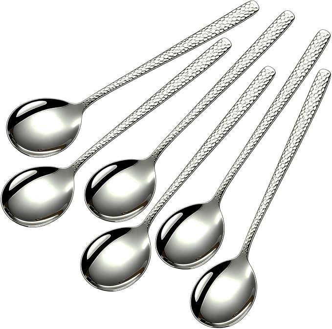 Set of 6 Spoons, 8.1 Inch Korean Spoons with Long Handles, Stainless Steel Soup Spoons for Home, Kitchen & Restaurant,Hammered Design Dishwasher Safe (8.1inch)