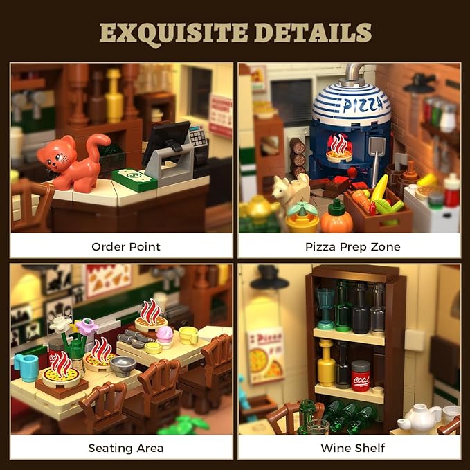 City Street Pizza Restaurant Building Set with Light, 1098PCS Pizzeria House Architecture Model with Retro Pizza Van, Home Decor Construction Building Block Gift for Adults Teens Boys Girls 12+