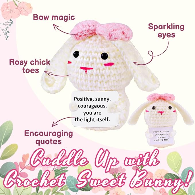 PARTY TONIGHT Mini Funny Positive Bunny Inspirational Gifts,Handmade Emotional Support Crochet Pink Bow Bunny for Women Men Coworker Positive Crochet Bunny Home Decor
