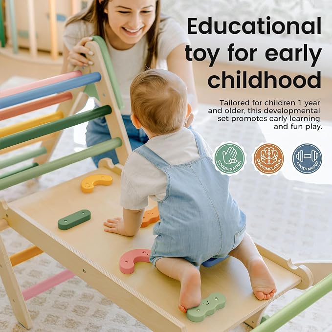Tiny Land Pikler Triangle Set,7-in-1 Foldable Montessori Toddler Climbing Toys Indoor, Wooden Playground Jungle Gym for Kids, Climber Gift for Boys & Girls Toddler Climbing Toys (Morandi)