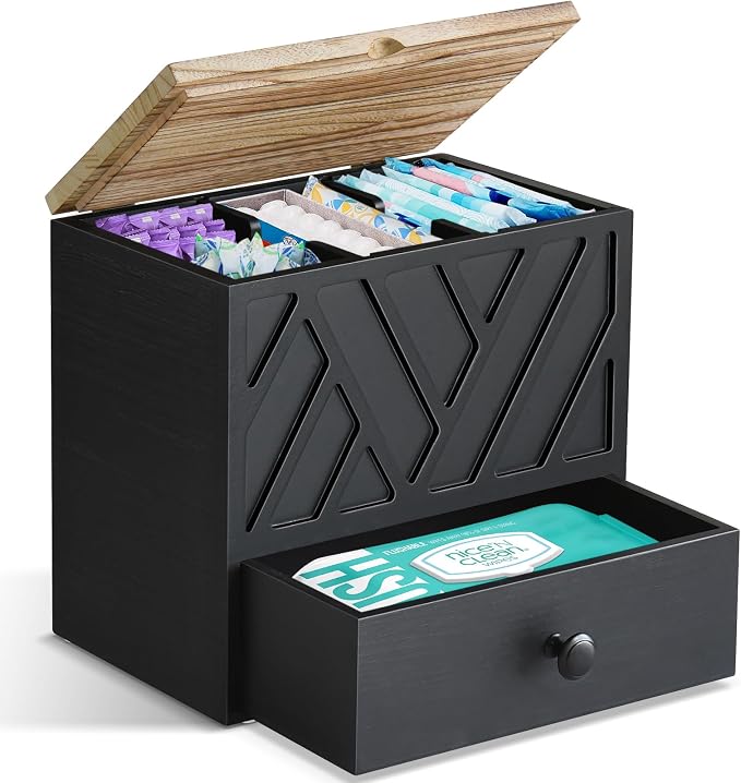 Tampon Holder for Bathroom Decor, Feminine Product Organizer with Lid and Drawer, Shark Week Tampon Storage, Wood Pad and Tampons Organizer for Toilet Storage, Bathroom Accessories Box for Girl Stuff