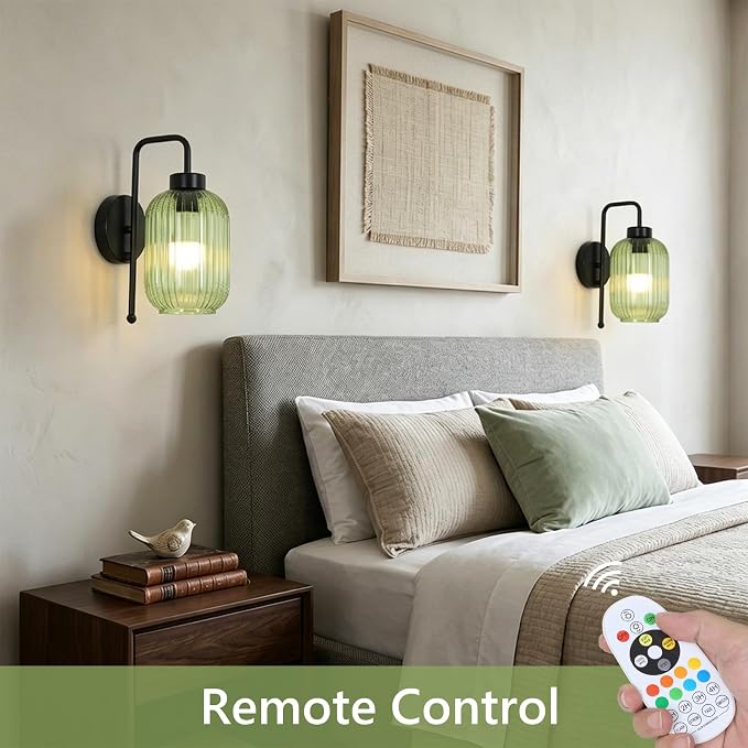Black Wireless Sconces Set of 2 with Green Stripe Glass Shade, Battery Operated Wall Sconces with Remote and Dimmable Bulb, Vintage Rechargeable Cordless Wall Lights For Bedside Living Room Bathroom