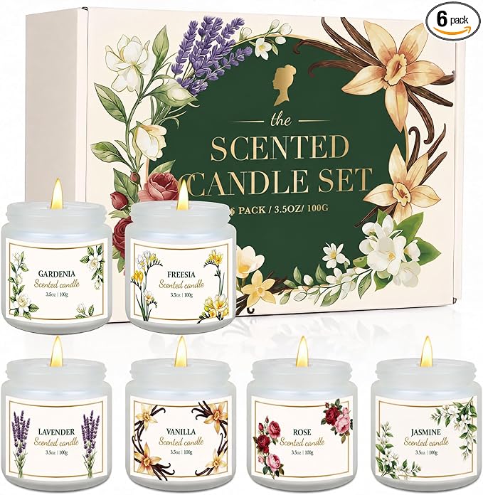 6 Pack Scented Candles for Women – Lavender, Vanilla, Gardenia, Rose, Jasmine, Freesia Floral Scents, 21oz Natural Soy Wax Aromatherapy Candles for Relaxation Stress Relief & Birthday Gifts for Women