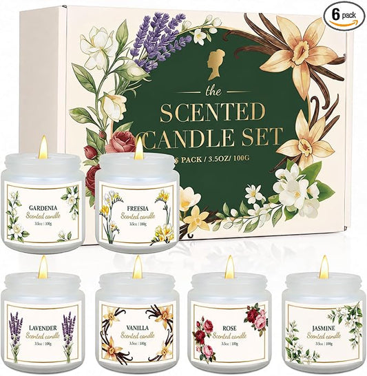 6 Pack Scented Candles for Women – Lavender, Vanilla, Gardenia, Rose, Jasmine, Freesia Floral Scents, 21oz Natural Soy Wax Aromatherapy Candles for Relaxation Stress Relief & Birthday Gifts for Women