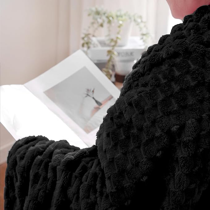 Puncuntex Black Throw Blanket 108"×90" inches Fuzzy 3D Jacquard Decorative | Flannel Fleece Super Soft Plush Cozy Blanket for Couch Sofa Chair Lightweight