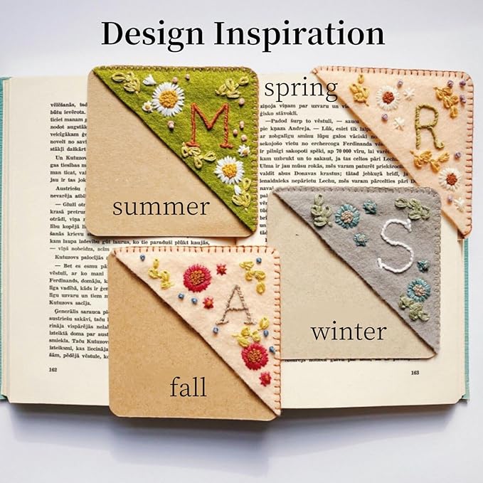 MOTEERLLU Personalized Hand Embroidered Corner Bookmark,Felt Triangle Page Stitched Handmade Bookmark,Unique Cute Flower Letter Embroidery Bookmarks Accessories for Book Lovers(Winter-k)