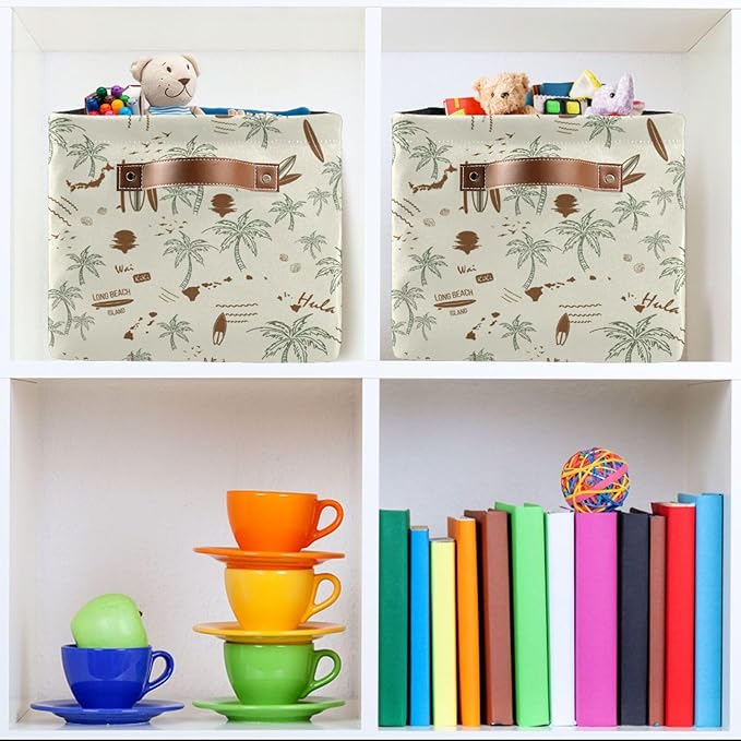 Aslsiy Storage Basket - Hawaii Palm Surf Nursery Bins Brown Baby Box Canvas Clothes Shelf Laundry Hamper Gift Basket for Home Closet - 1 Pcs