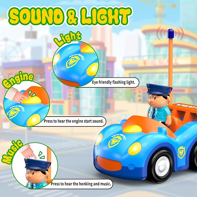 Elovien Remote Control Car for Toddlers, RC Police Car Toys for 2 3 4 5 Year Old Boy, Radio Controlled Cars Ages 2-4 with Lights & Music, First Birthday Gifts for Boys Girls (Blue)
