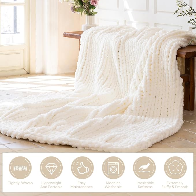 Chunky Knit Blanket - Luxury Soft Cozy 80 * 90 Throw Blanket,100% Woven Blanket Rope Knot Throw Blanket for Couch, Sofa, Home Decor, Gift - Machine Washable (Ivory White, 80 * 90)