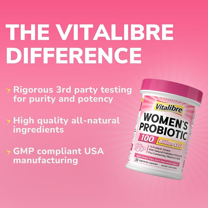 Vitalibre Probiotics for Women 100 Billion CFU 15 Strains, Daily Probiotic & Prebiotic Supplement with Organic Cranberry to Support Vaginal, Digestive, Immune Health, Shelf Stable, 30 Vegan Capsules