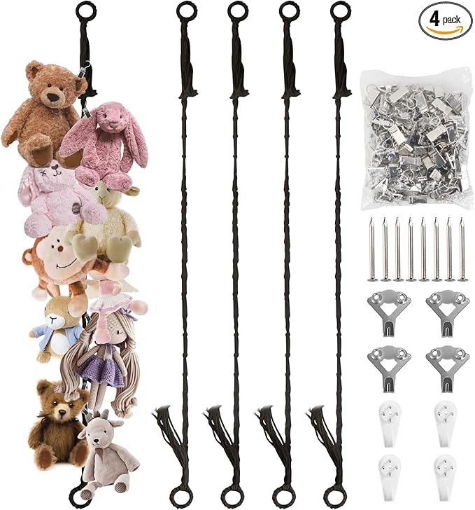 Stuffed Animal Storage Chain 80 Inch, Munzong 4pcs Black Hanging Stuff Animals organizer, Cotton Toy Display Chain with 80 Clips, Toys Organizers Holder for Toddler Kids Nursery Room Wall Corner Decor