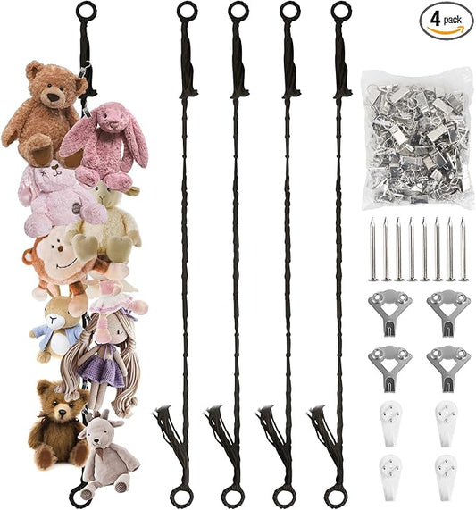 Stuffed Animal Storage Chain 80 Inch, Munzong 4pcs Black Hanging Stuff Animals organizer, Cotton Toy Display Chain with 80 Clips, Toys Organizers Holder for Toddler Kids Nursery Room Wall Corner Decor