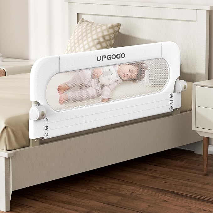 UPGOGO Folding Bed Rail for Toddlers,Baby Bed Rail Guard with Reinforced Anchor Safety System,Fit Bunk,Full Size,Queen,King,Twin(White,43"x23.6")