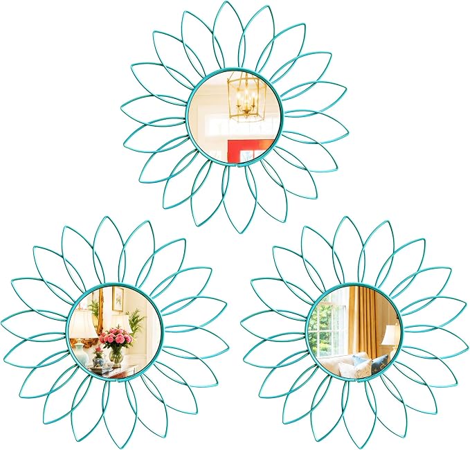 3 Pack Metal Mirrors for Wall Sunburst Wall Mirrors Home Décor Decorative Hanging Wall Art for Living Room Bedroom Entryway (Greenish Blue, Flowers)