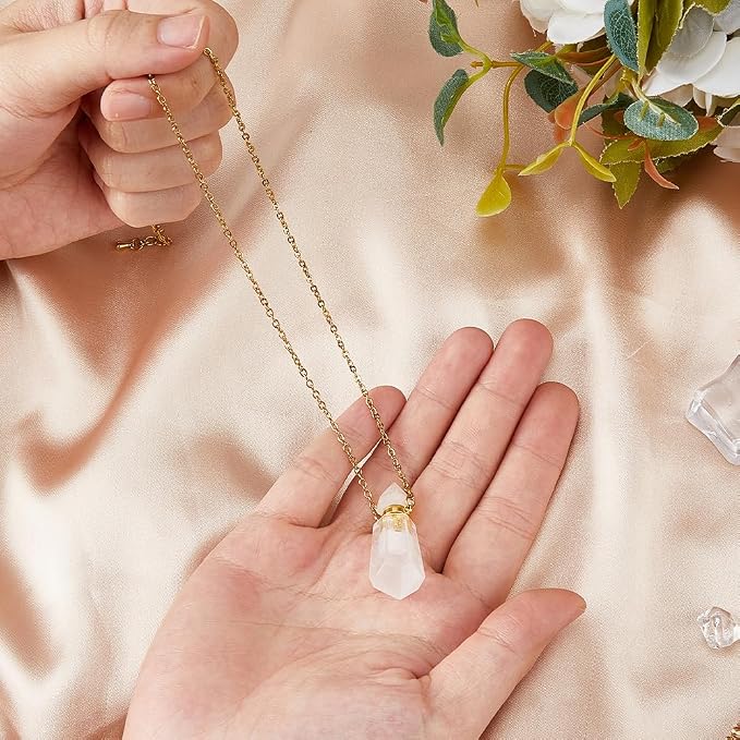 SUPERFINDINGS Natural White Quartz Stone Perfume Bottle Pendant Gemstone Crystal Perfume Bottle Essential Oil Necklace Diffuser Necklace Hexagonal Pointed Reiki Chakra Pendant for Woman Men