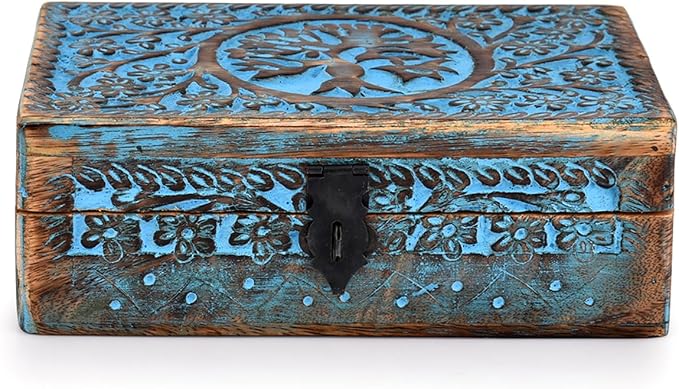 |Wooden Jewelry Box, Tarot Box, Celestial Home Decor, Witch Box, Tree of Life, Trinket Box |Size- 8" x 5" x 2.5",| Decorative Storage Bin