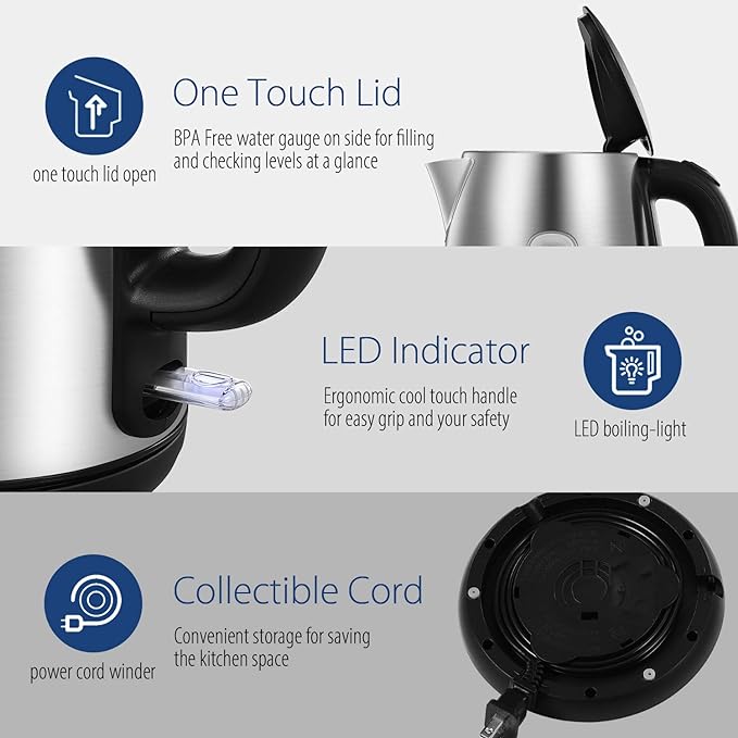 COMFEE' Stainless Steel Electric Kettle, 1.7 Liter Tea Kettle Electric & Hot Water Kettle, 1500W Fast Boil with LED Light, Auto Shut-Off and Boil-Dry Protection (Pack of 6)