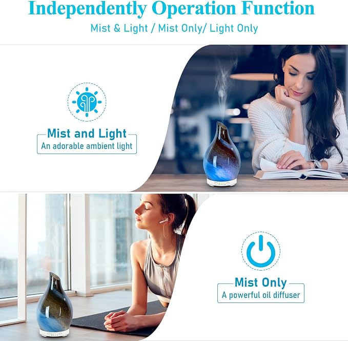 Essential Oil Diffuser 120ML Glass Aromatherapy Diffuser with 4 Timer Settings & 7 Color Changing Lights, Auto Shut-Off, Ultra Quiet Oil Diffuser for Home, Office, Yoga, Spa