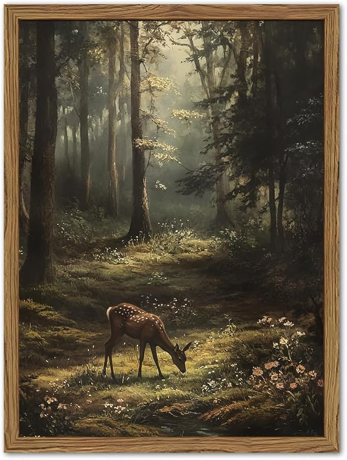Framed Vintage Forest Deer Canvas Wall Art, Rustic Nature Landscape Paintings Wall Decor, Woodland Animal Pictures Prints Cottagecore Home Decor for Living Room Bedroom Office 8x10inch