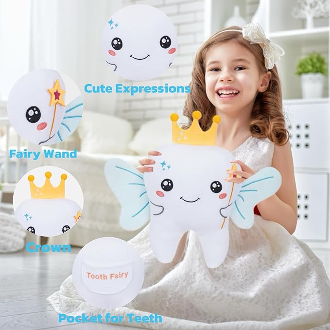 Tooth Fairy Plush Holder Gift – 12 Inch Tooth Pillow Crown Blue Wings Star Wand Kids' Tooth Fairy Gift for Boys Girls with Pocket