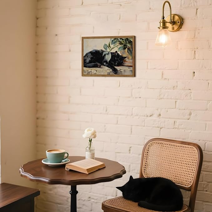 Framed Black Cat Canvas Wall Art, Vintage Sleeping Cat with Plant Picture Wall Decor Paintings, Cute Animal Poster Prints Rustic Aesthetic Home Decor for Living room Bedroom Bathroom 16x24 inch