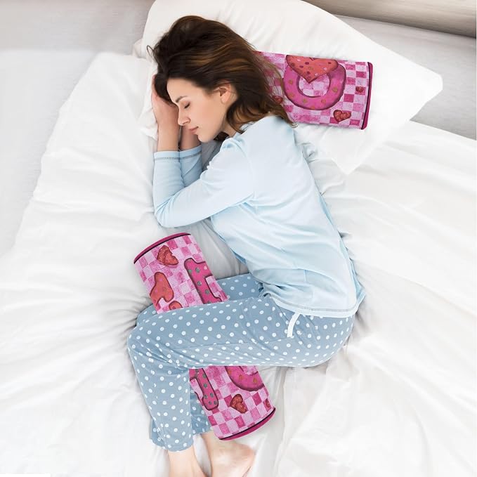 Pink Checkered Valentine Love Hearts Neck Roll Pillow Bolster Round Health Memory Foam Long Cervical Cylinder Pillows with Removable Washable Cover for Body Bed Legs Back Yoga