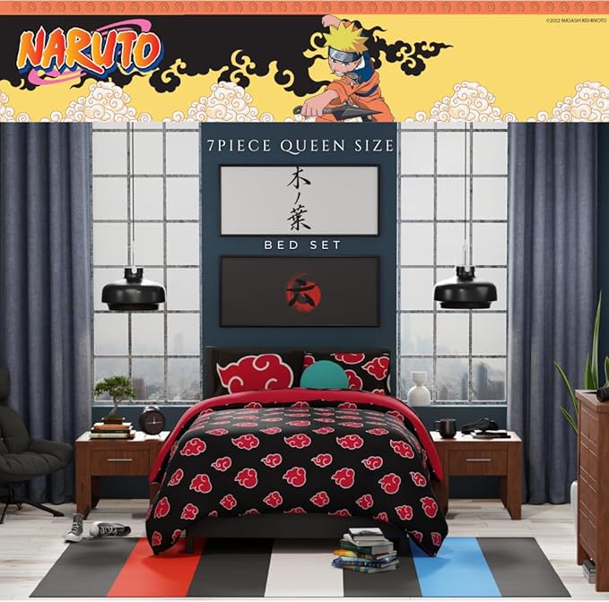 Collectibles Naruto Anime Akatsuki Bedding 7 Piece Super Soft Reversible Comforter and Sheet Set with Sham, Queen, (Officially Licensed Product) By Franco