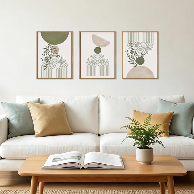 ANHUIB Boho Abstract Wall Art Canvas,Sage Green Wall Decor Framed,Geometric Line Art Prints Leaves,Minimalist Artwork Botanical,3 Piece 16x12In Beige Nature Painting for Living Room Bedroom