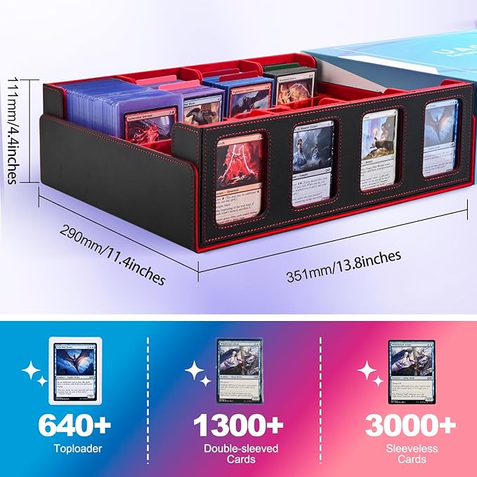UAONO Trading Card Storage Box with Commander Display; 2400+ Deck Box for MTG with Removable Cover; Top Loaders Card Case fits Magic TCG PTCG Sports Cards; 24 Dividers, 4 Stoppers (Black, Red)