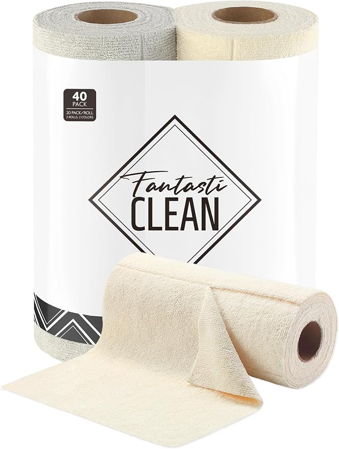 Fantasticlean Kitchen Towels Roll, 40 Sheets, 10''x 10'' (Beige, Grayish) | Tear-away Dish Towels for Kitchen, Ultra Absorbent, Lint-free, Premium Microfiber Cleaning Cloths, for All-Purpose Cleaning