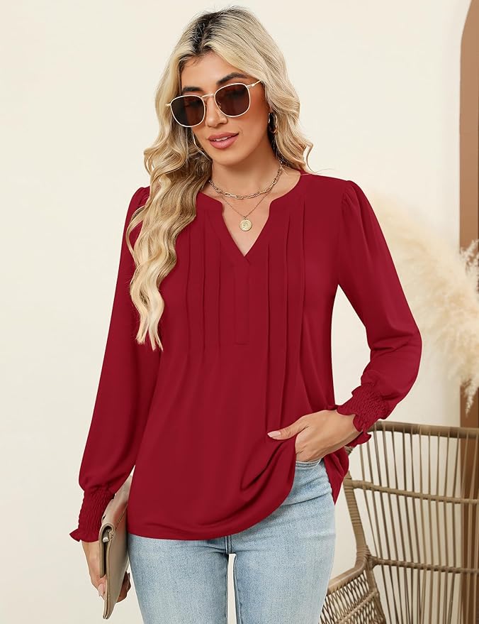 LOMON Womens Tops Dressy Casual Pleated Ruffle Long Sleeve Tunics Tops to Wear with Leggings V Neck Work Blouse